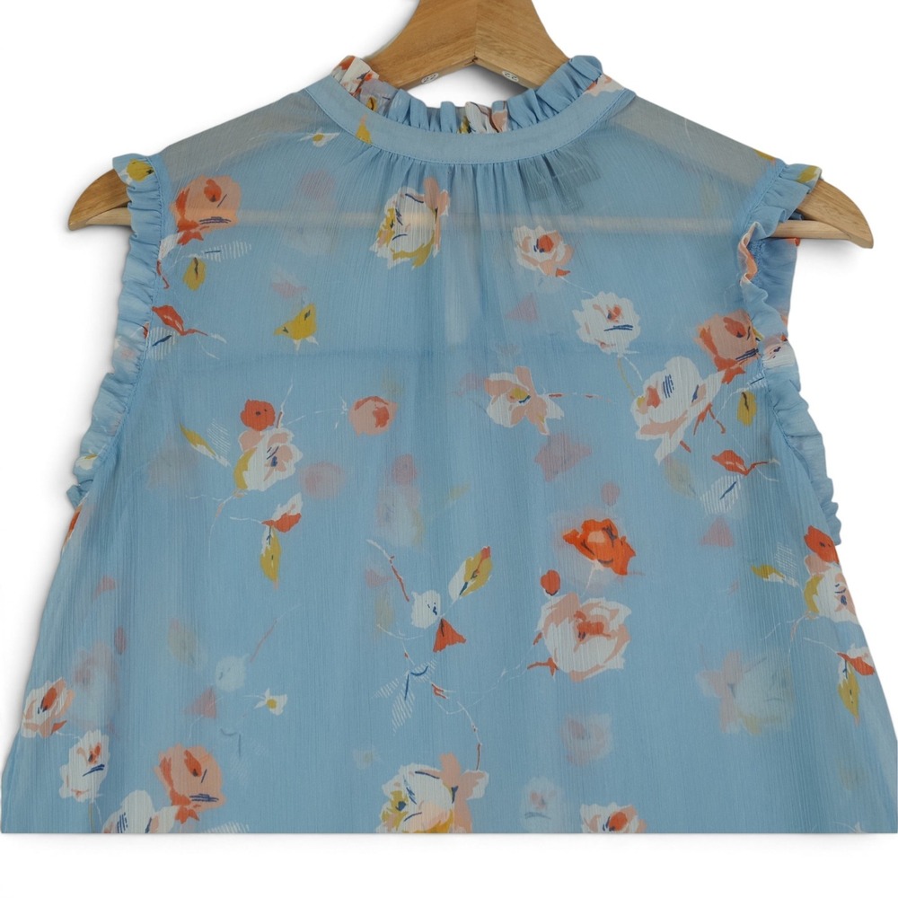 Blue Floral Ruffle Blouse S Sheer Romantic Cottagecore Garden Party Feminine